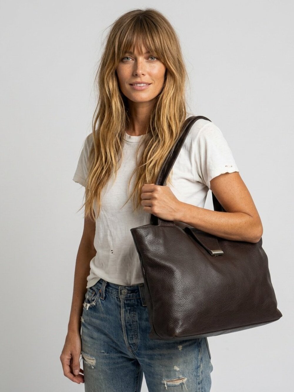 Large Leather Tote School Office Weekender Bag 90s Satchel Brown Travel Purse - Picture 8 of 15